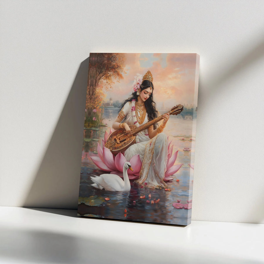 Goddess Saraswati Canvas Print | Spiritual Indian Deity Art | Premium Frameless Wall Decor | Gift for Yoga Studio & Meditation Room