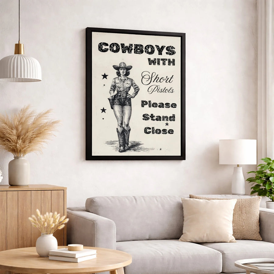 Cowgirl Pin-Up Wall Art | Western Cowboys With Short Pistols Quote | Premium Gallery Wrapped Canvas | Rustic Home Decor Gift