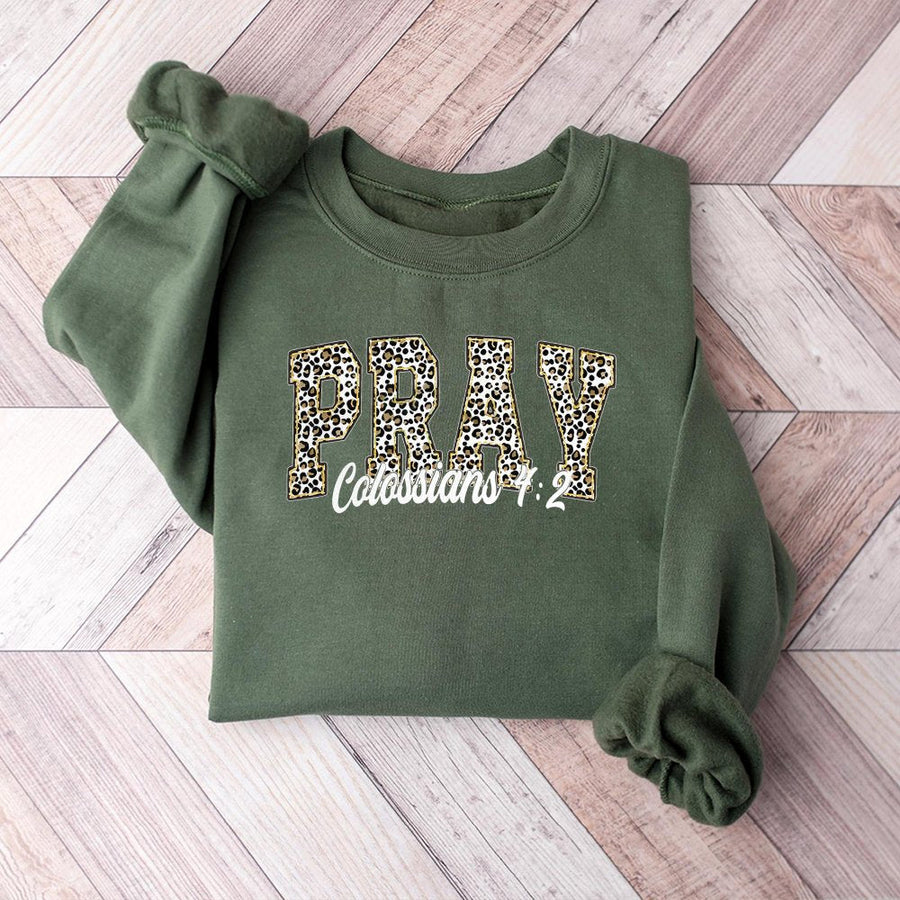 Pray Bible Verse Sweatshirt | Leopard Print Varsity Letter Design | Premium Cotton Blend | Christian Faith Gift for Her