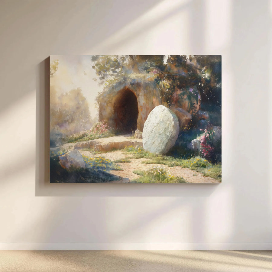 Empty Tomb Canvas Wall Art | Watercolor Easter Morning Scene | Premium Stretched Canvas | Inspirational Christian Gift