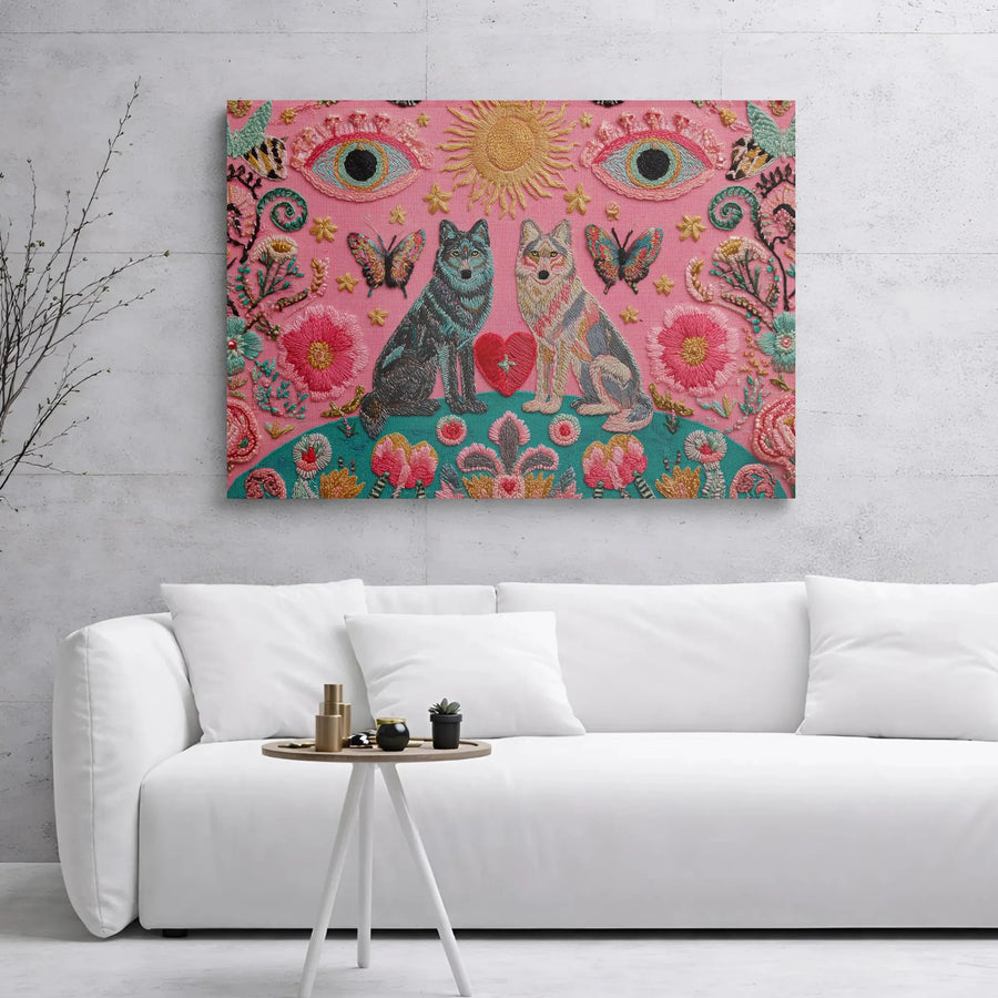 Two Wolves Canvas Art | Mystical Folk Art Embroidery Style | 1.25" Gallery Wrap Premium Print | Bohemian Home Decor Gift For Wildlife Lovers