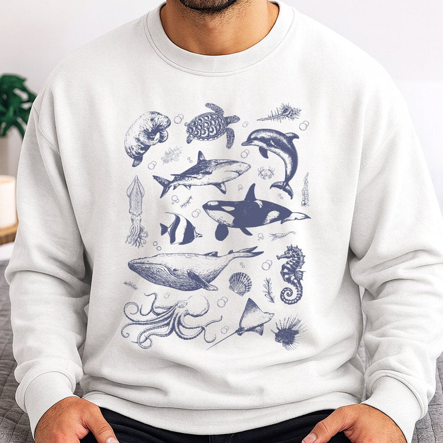 Sea Life Graphic Sweatshirt | Vintage Marine Biology Illustration | Premium Cotton Blend | Nature Lover Gift for Men and Women