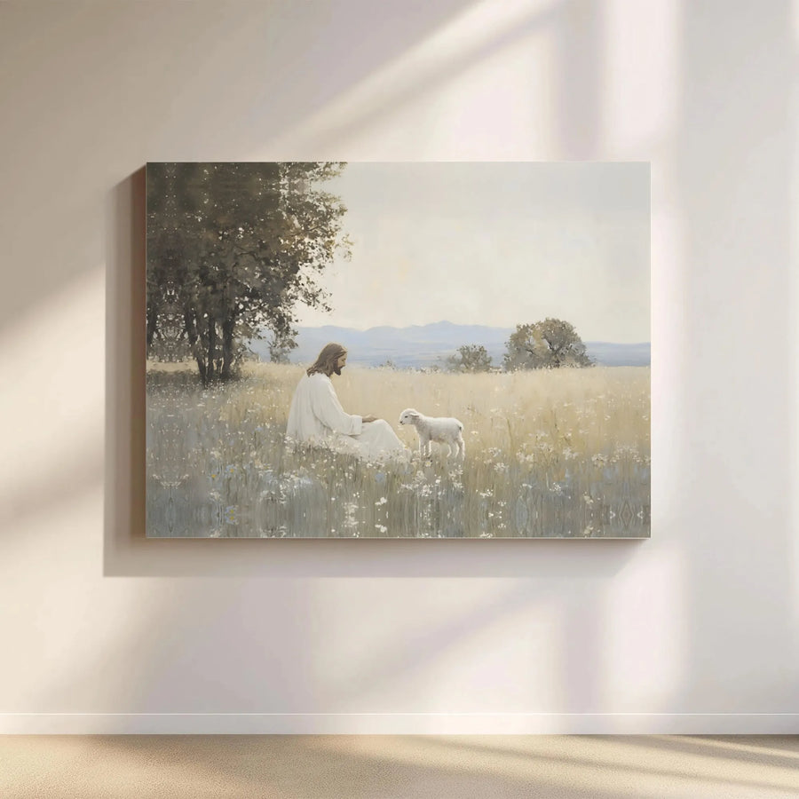 Jesus With Lamb Wall Art | Christian Farmhouse Decor Canvas | 1.25 Inch Premium Gallery Wrap | Inspirational Religious Gift