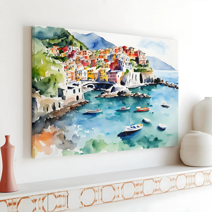 Cinque Terre Canvas Print | Watercolor Italian Coastal Village Art | 1.25 Inch Gallery Wrap | Mediterranean Home Decor Gift