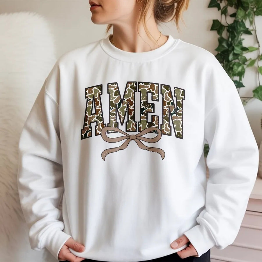 Amen Camo Sweatshirt | Coquette Bow Aesthetic Graphic | Premium Cotton Blend | Christian Faith Gift For Women