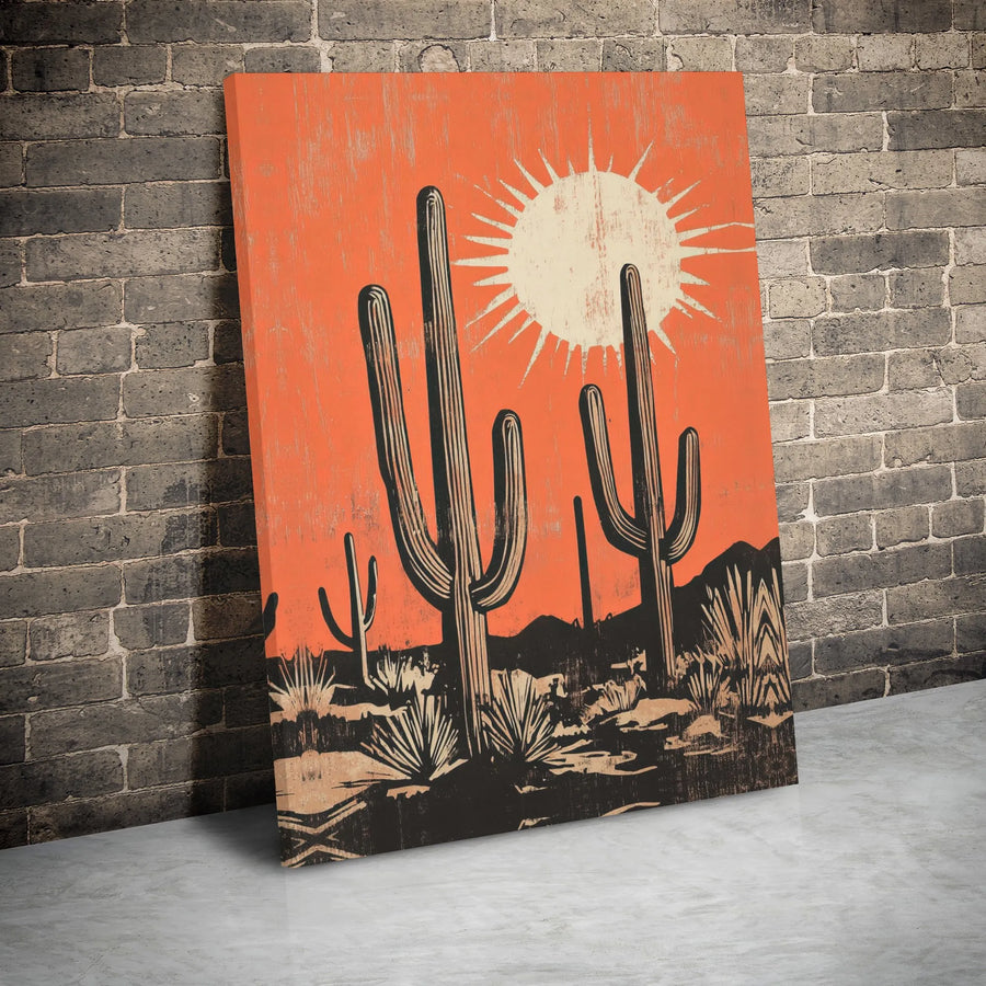Desert Saguaro Cactus Canvas Wall Art | Mid Century Modern Boho Decor | Gallery Wrapped Premium Print | Southwestern Desert Landscape Gift for Home