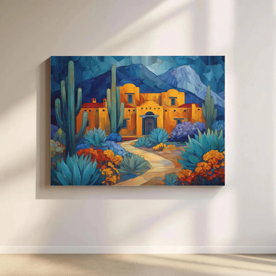 Southwestern Wall Art Canvas | Vibrant Adobe House & Cactus Print | Premium Gallery Wrapped 1.25" Deep Canvas | Modern Western Home Decor Gift
