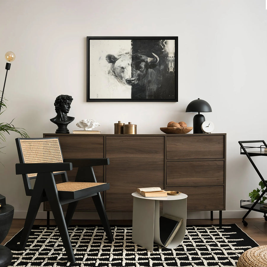 Bull vs Bear Stock Market Canvas Art | Split Face Financial Trader Wall Decor | Premium 1.25" Gallery Wrap | Gift for Stock Trader or Investor
