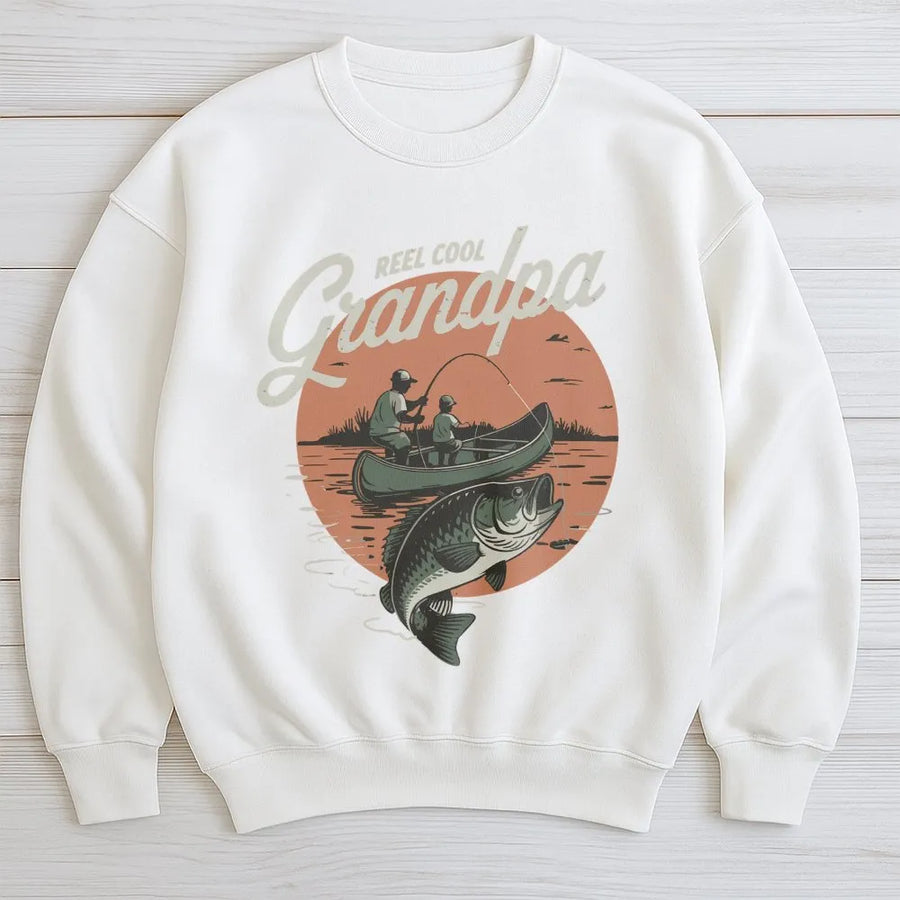 Reel Cool Grandpa Sweatshirt | Vintage Fishing Boat Graphic | Premium Cotton Blend | Best Gift for Grandpa Birthday or Father's Day 2026