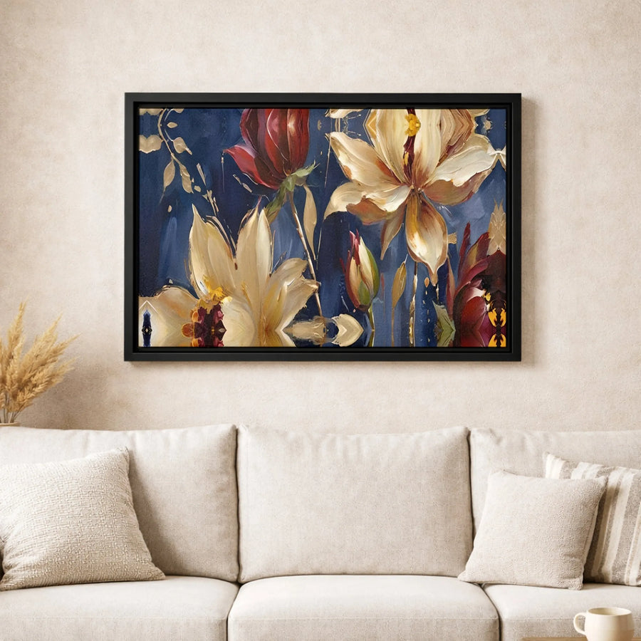 Abstract Floral Canvas Wall Art | Navy Blue and Cream Oil Painting Style | Premium Gallery Wrap | Modern Home Decor Gift