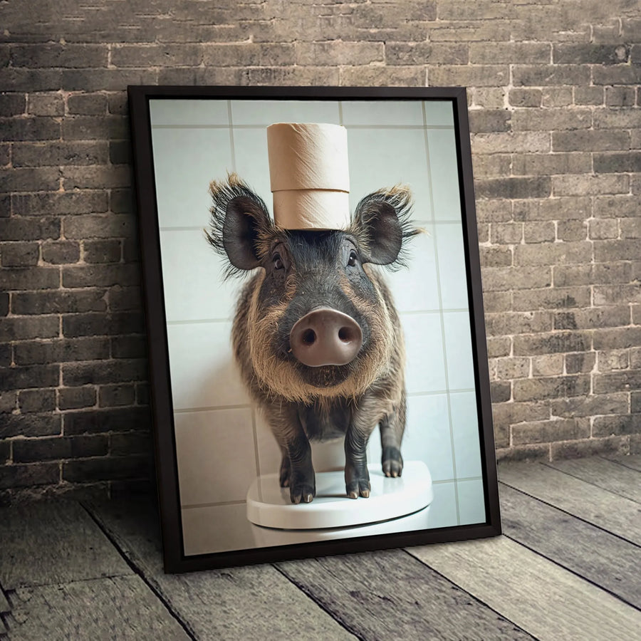 Funny Boar Bathroom Wall Art | Whimsical Pig on Toilet with Toilet Paper | Premium Canvas Gallery Wrap | Unique Restroom Decor Gift for Animal Lovers