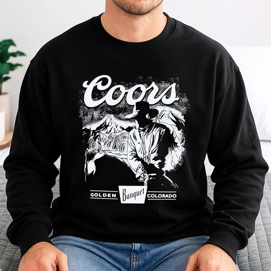 Cowboy Coors Sweatshirt Western Cowboy Design With Mountain Graphic, Retro Country Style Beer Inspired Sweatshirt