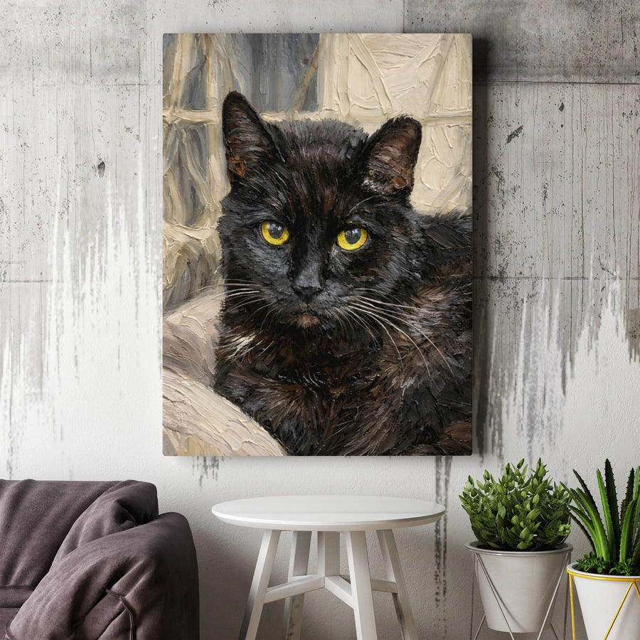 Black Cat Canvas Wall Art | Textured Oil Painting Style Portrait | Premium Gallery Wrapped Canvas | Collector's Gift for Cat Lover