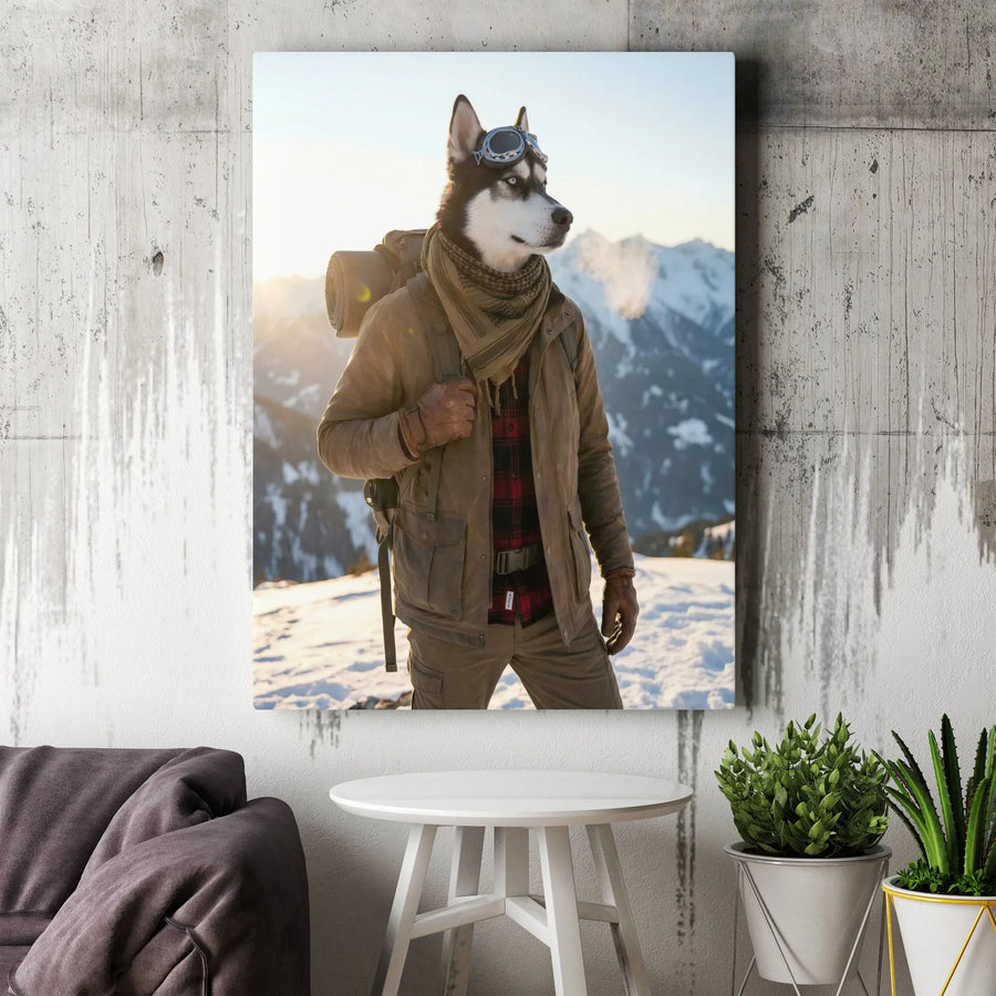 Husky Adventurer Canvas Wall Art | Anthropomorphic Mountain Explorer Portrait | Premium Gallery Wrapped Canvas | Unique Home Decor Gift for Dog Lovers