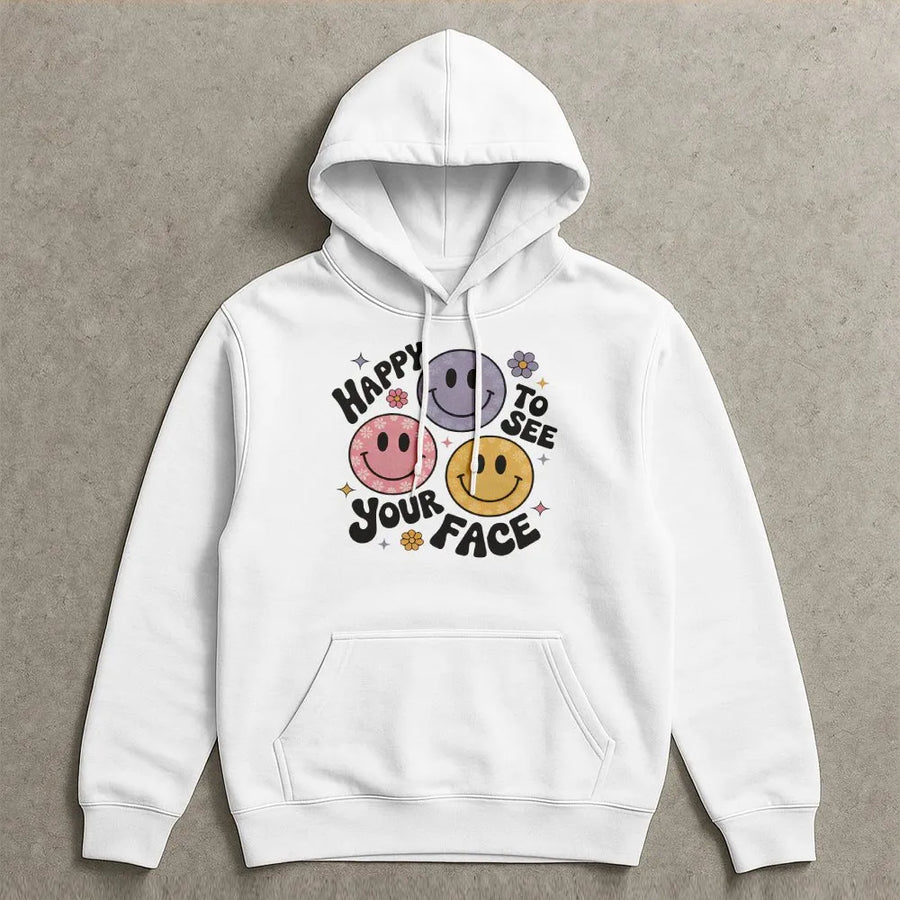 Happy To See Your Face Hoodie | Retro Smiley Faces Graphic Print | Cotton Blend Soft Pullover | Teacher Gift Back To School Sweatshirt