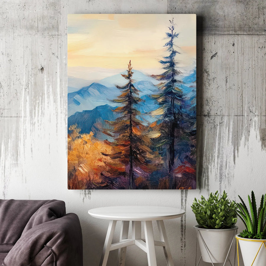 Mountain Landscape Canvas Print | Impressionist Pine Tree Forest Art | Premium Gallery-Wrapped Wall Decor | Nature-Inspired Home Office Gift