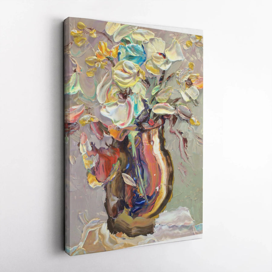 Textured Floral Vertical Canvas | Impasto Style Flowers in Venetian Glass Vase | 1.25" Thick Gallery Wrap | Premium Home Decor Gift