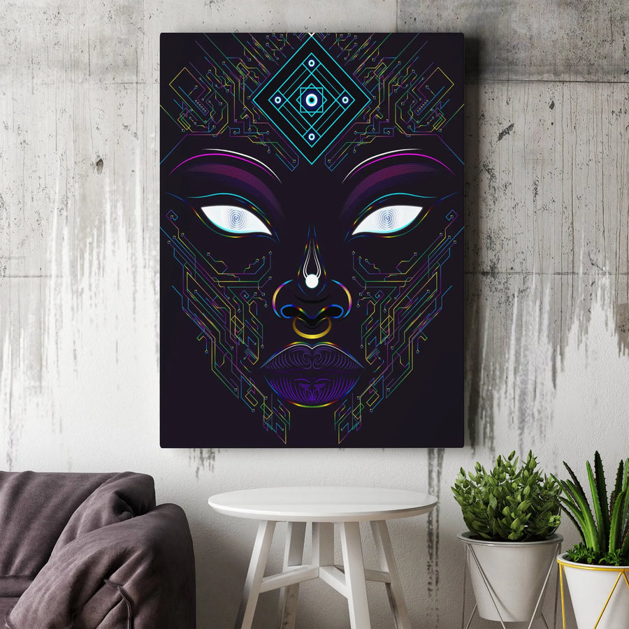 Psychedelic Goddess Canvas Wall Art | Futuristic Geometric Face Print | Premium Thick Canvas | Unique Home & Office Decor Gift
