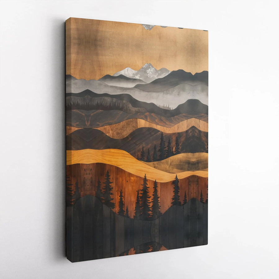 Mountain Landscape Canvas Wall Art | Rustic Wood Grain Style Print with Pine Trees | Premium Canvas | Modern Cabin & Lodge Decor Gift