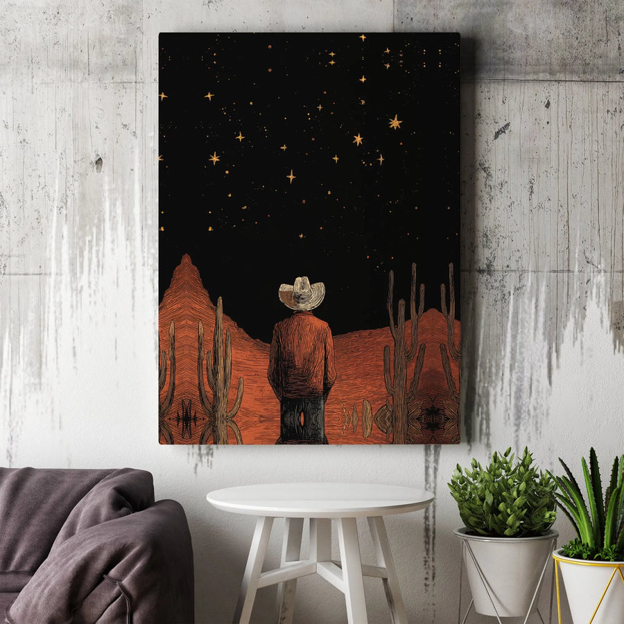 Cowboy Western Canvas Wall Art | Vintage Stargazing Desert Night Print | Premium Gallery Canvas | Rustic Southwestern Decor Gift for Men