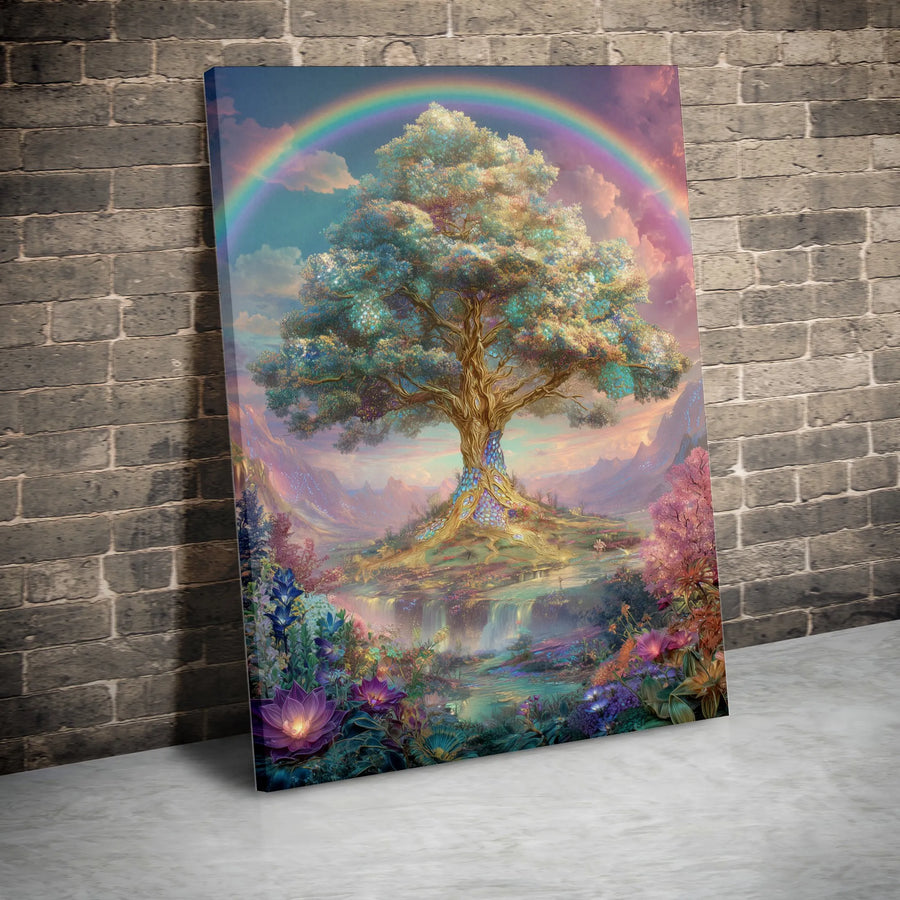 Tree of Life Canvas Wall Art | Enchanted Rainbow World Tree Print | Premium Gallery Wrapped | Spiritual Home Decor Gift