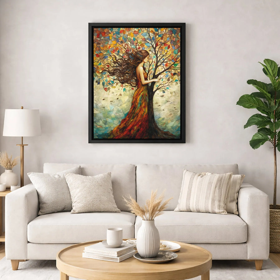 Autumn Tree Woman Canvas Wall Art | Mosaic Stained Glass Style Print | Premium Gallery-Wrapped Decor | Whimsical Nature Home Gift