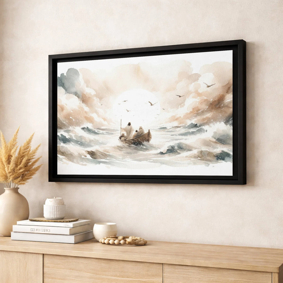 Jesus Calming The Storm Canvas Print | Watercolor Bible Story Wall Art | Gallery Quality 1.25” Thick Decor | Christian Faith Home Gift