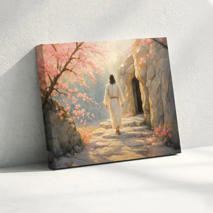 Jesus Resurrection Canvas Art | Empty Tomb Painting with Cherry Blossoms | Premium Canvas Print | Inspirational Christian Home Decor Gift