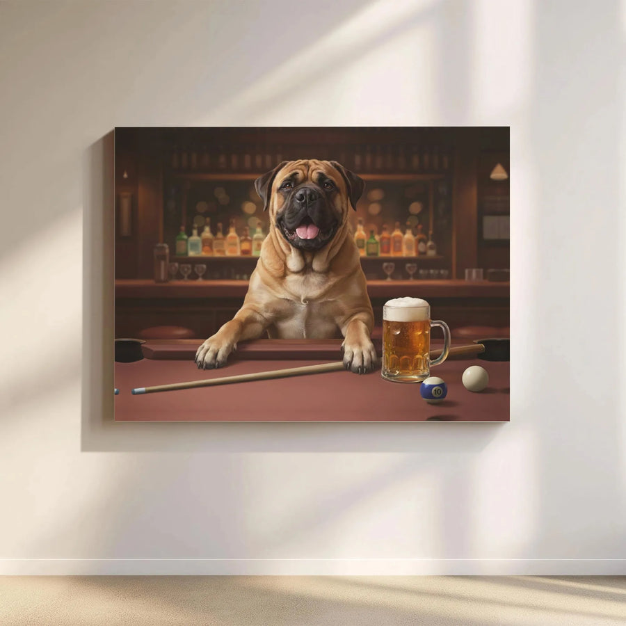 Bullmastiff Playing Pool Canvas | Funny Dog Drinking Beer Bar Art | Premium Gallery Wrapped Print | Unique Man Cave Gift for Dog Lovers