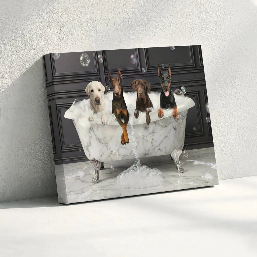 Dogs in Bathtub Canvas Wall Art | Humorous Bathroom Scene with Labrador & Dobermans | Premium Gallery Wrap Canvas | Funny Gift for Dog Lover, Modern Bathroom Decor
