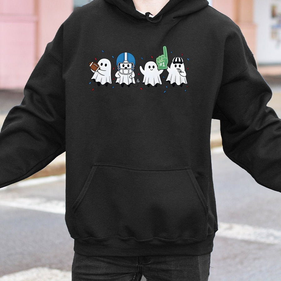 Ghost Football Hoodie | Cute Spooky Sport Graphic Design | Premium Cotton-Blend Sweatshirt | Funny Fall Game Day Gift For Football Fans
