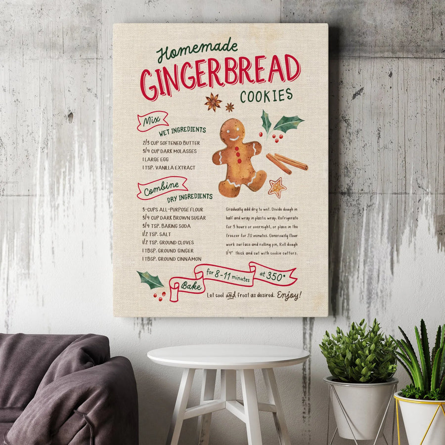 Homemade Gingerbread Cookie Recipe Canvas Wall Art | Watercolor Gingerbread Man Kitchen Decor | Gallery Wrap Premium Print | Holiday Kitchen Gift