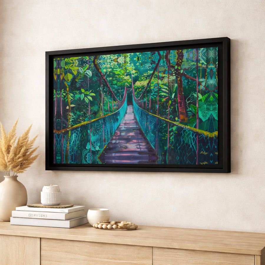 Jungle Suspension Bridge Canvas Wall Art | Vibrant Tropical Forest Landscape | Premium Fade-Resistant Print | Gallery-Quality Home Office Decor