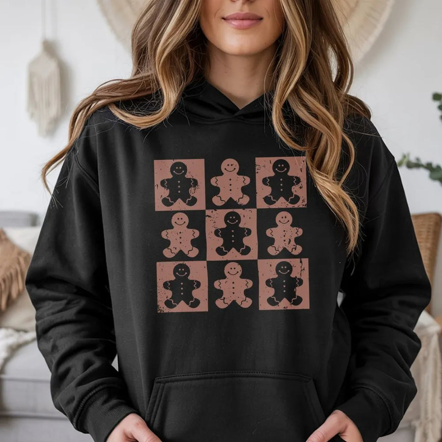 Gingerbread Man Hoodie | Retro Checkered Christmas Pattern | Premium Soft Cotton Blend | Cute Holiday Gift for Her