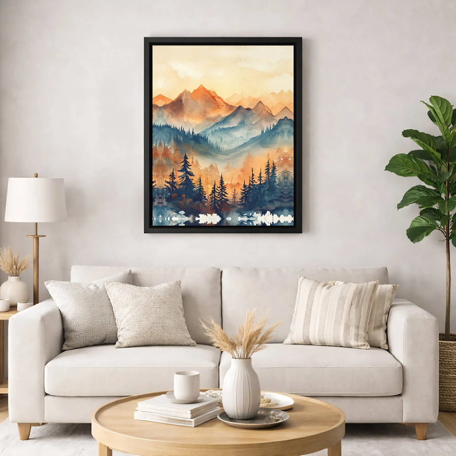 Mountain Forest Landscape Wall Art | Teal and Orange Watercolor Print | Premium Gallery-Wrapped Canvas | Modern Home Decor for Living Room
