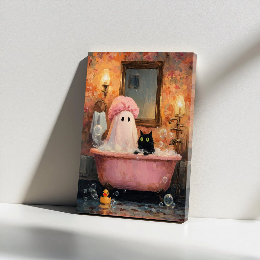 Ghost In Bathtub Canvas Art | Whimsical Black Cat Bubble Bath Print | 1.25" Gallery Wrap Premium Decor | Spooky Cute Halloween Wall Art Gift