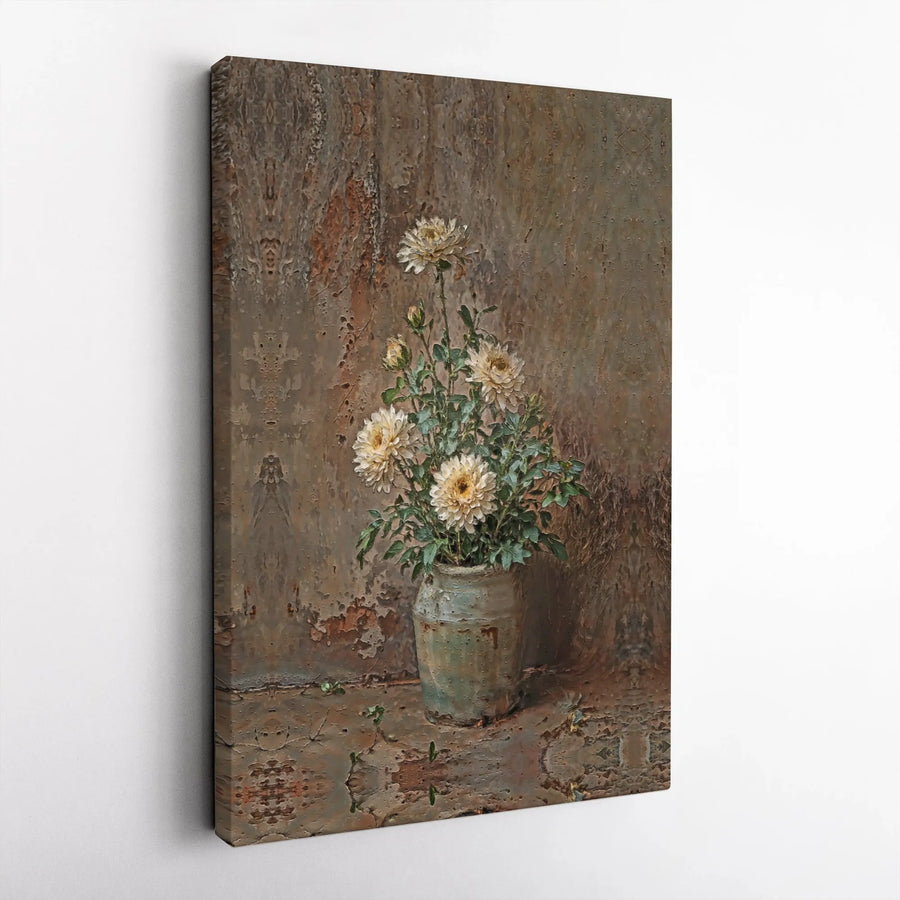 Vintage Floral Canvas Wall Art | White Chrysanthemum Painting in Rustic Pot | Premium Gallery Wrapped Print | Farmhouse Home Office Decor