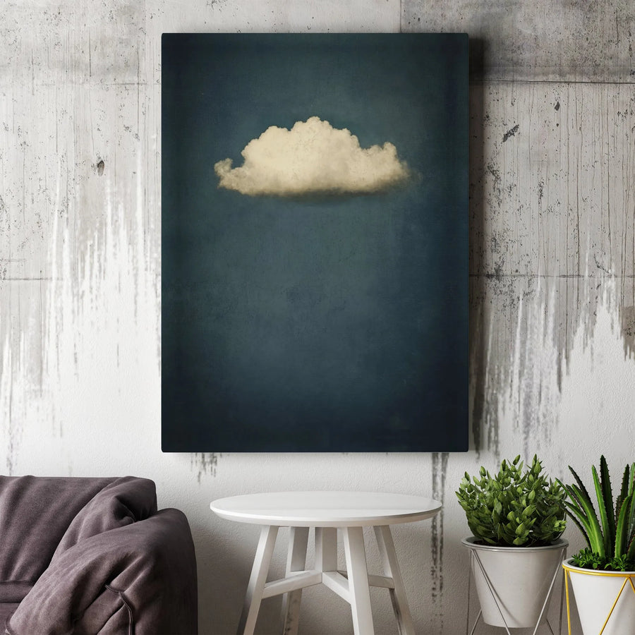Minimalist Cloud Canvas Wall Art | Moody Dark Blue Atmospheric Sky Print | Premium Gallery Wrap Decor | Modern Home Office Interior Aesthetic