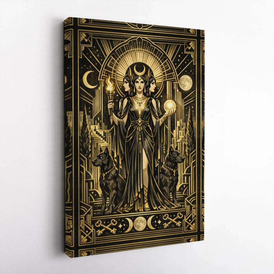 Hecate Canvas Wall Art | Art Deco Triple Goddess Illustration | Premium Gallery Wrapped Canvas | Pagan Home Decor Collector's Gift