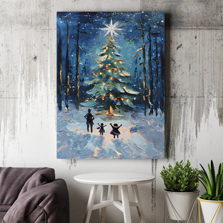 Christmas Tree Wall Art | Snowy Forest Family Oil Painting Style | Premium Gallery Wrapped Canvas | Festive Holiday Home Decor Gift