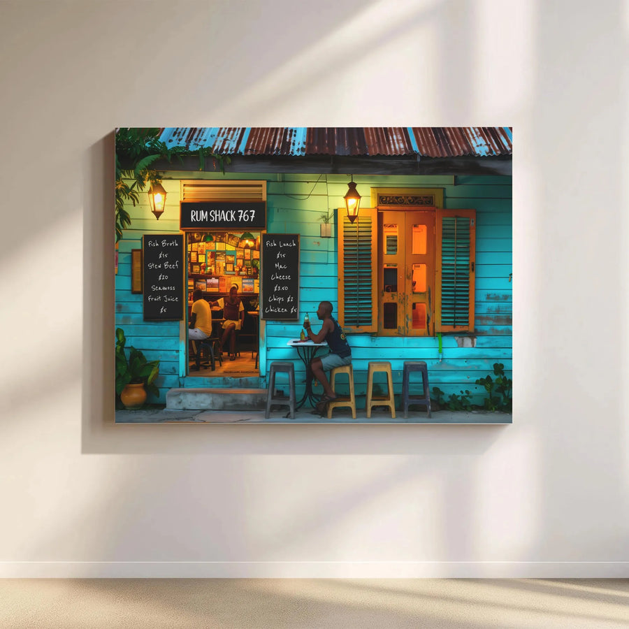 Caribbean Rum Shack Canvas Wall Art | Atmospheric Tropical Bar Scene | Premium Thick Canvas | Coastal Home Decor & Man Cave Gift