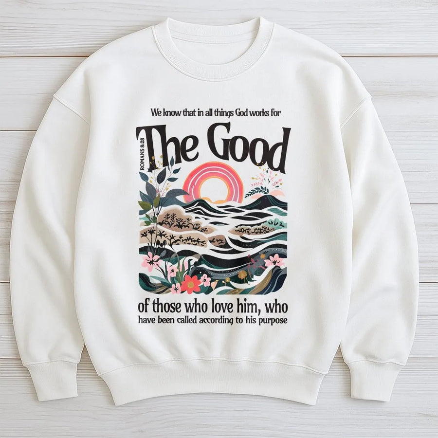 Romans 8 28 Sweatshirt | Inspirational Bible Verse Graphic Sweatshirt | Premium Cotton Blend | Christian Faith Apparel Gift