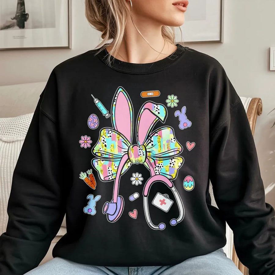 Easter Nurse Sweatshirt | Coquette Bow Bunny Stethoscope Design | Premium Cotton Blend | Gift For Nurse, CNA, Student Nurse, Healthcare Worker