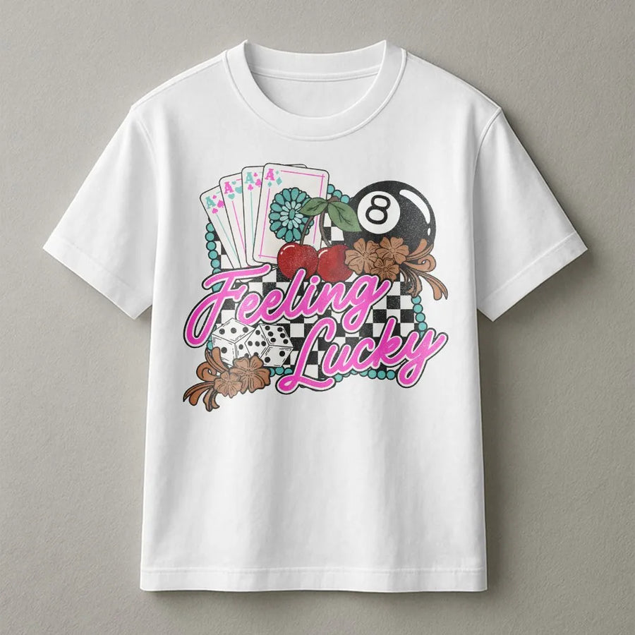 Feeling Lucky Western T-Shirt | Retro Checkered Casino Graphic | Premium Cotton Blend | Vintage Cowgirl Rodeo Gift