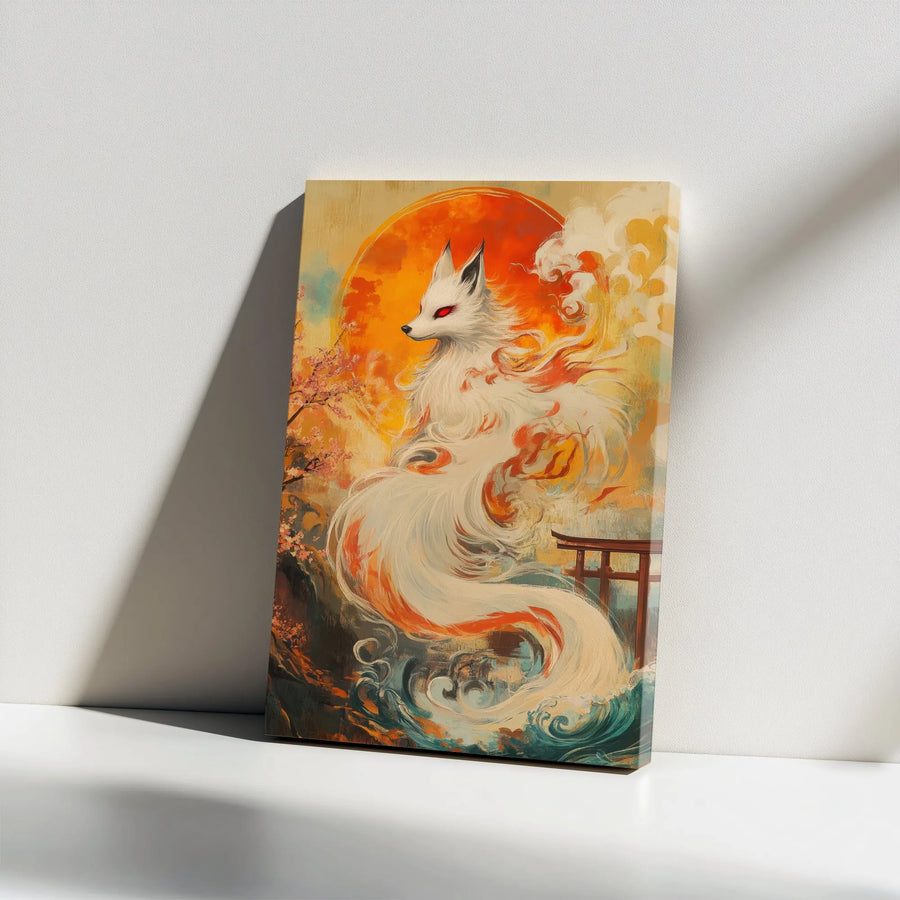 Japanese Kitsune Canvas Wall Art | Nine-Tailed Fox Mythical Forest Decor | Premium Gallery Wrap Print | Zen Asian Home Gift for Fans