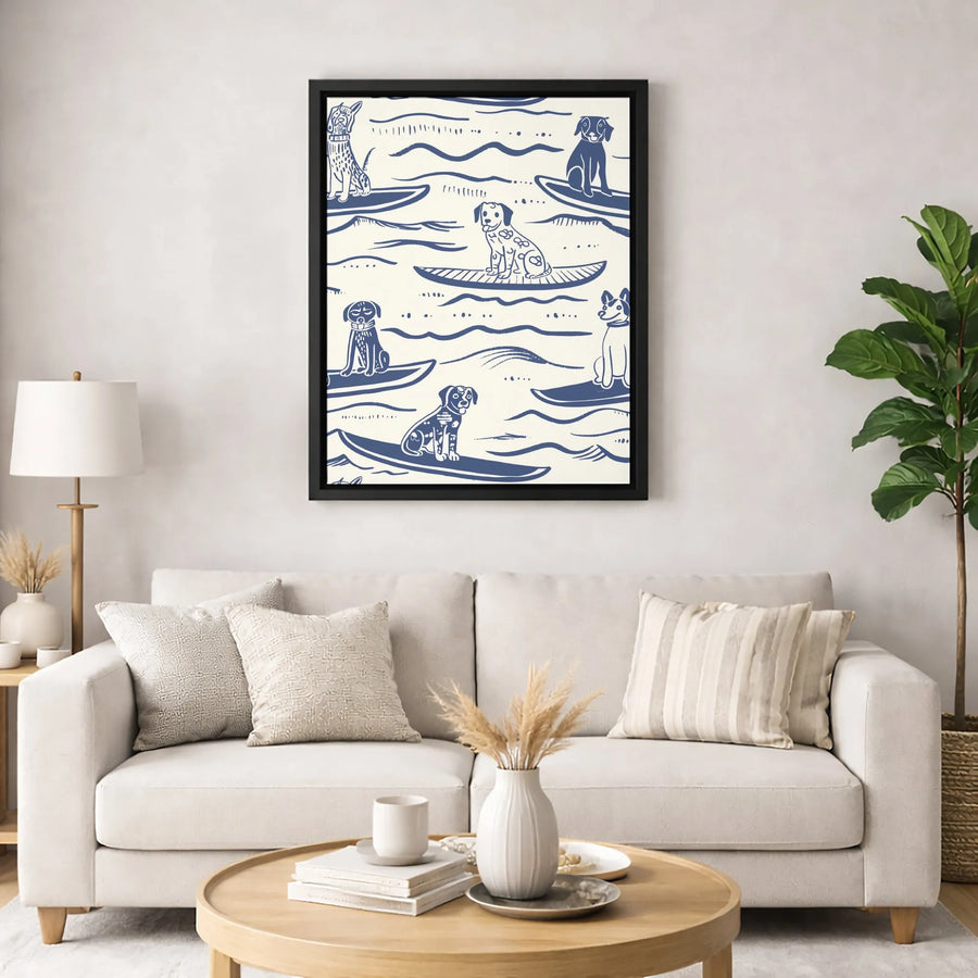 Surfing Dogs Wall Art | Blue and White Puppy Beach Pattern | Premium Gallery Canvas | Cute Coastal Home Decor Gift for Dog Lovers