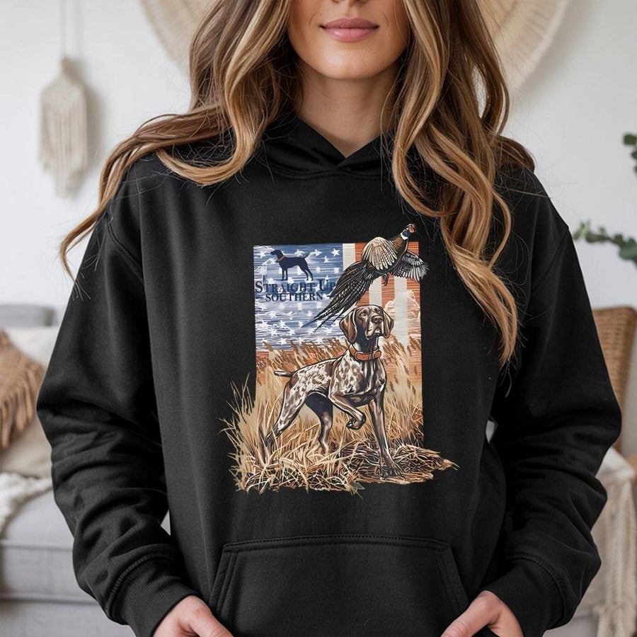 GSP Hunting Hoodie | German Shorthaired Pointer Pheasant Flag Art | Premium Cotton Blend | Gift for Upland Bird Hunter & Dog Lover