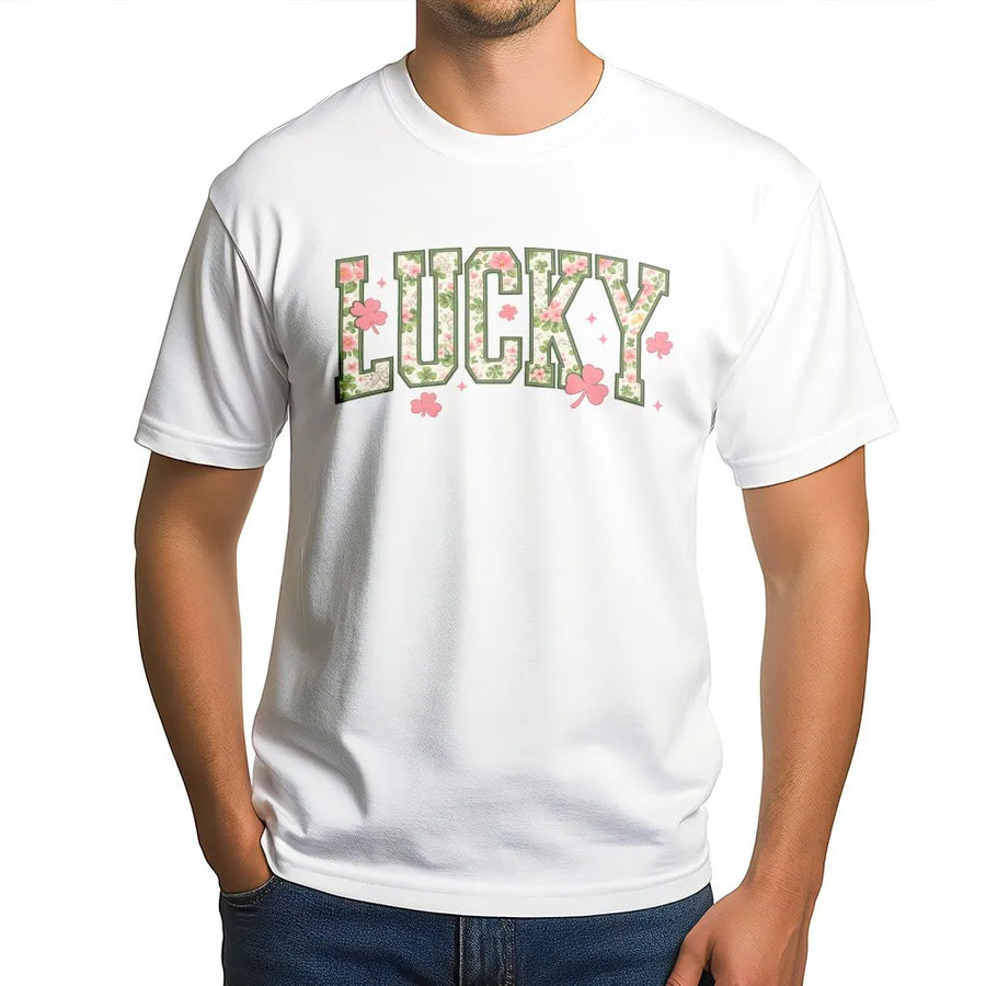 Lucky Shamrock T-Shirt | Floral Varsity Lettering Graphic | Soft 100% Cotton Premium Tee | Cute St. Patrick’s Day Gift for Women