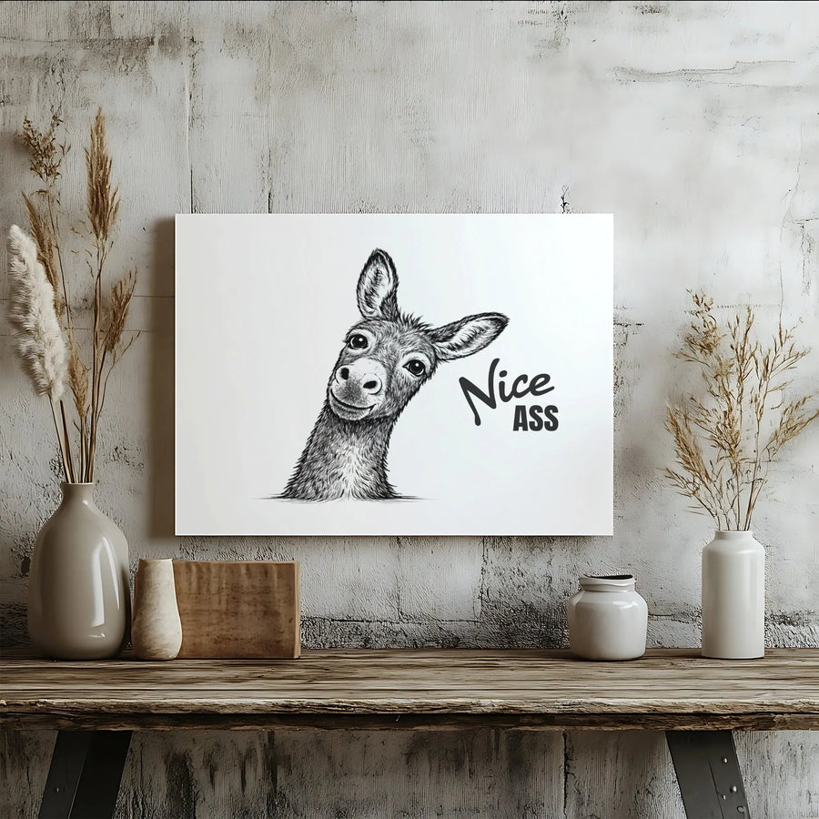 Funny 'Nice Ass' Donkey Canvas Print | Minimalist Sketch Animal Art | Premium Gallery Wrapped Wall Decor | Unique Bathroom Humor Gift