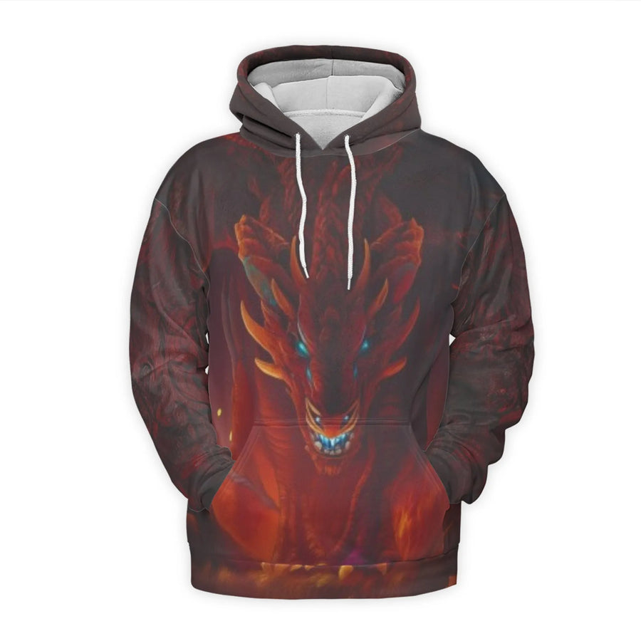Fiery Red Dragon 3D Hoodie | Volcano Moon Fantasy Graphic Print | Premium Polyester Fleece Pullover | Unisex Gift for Fantasy Lovers